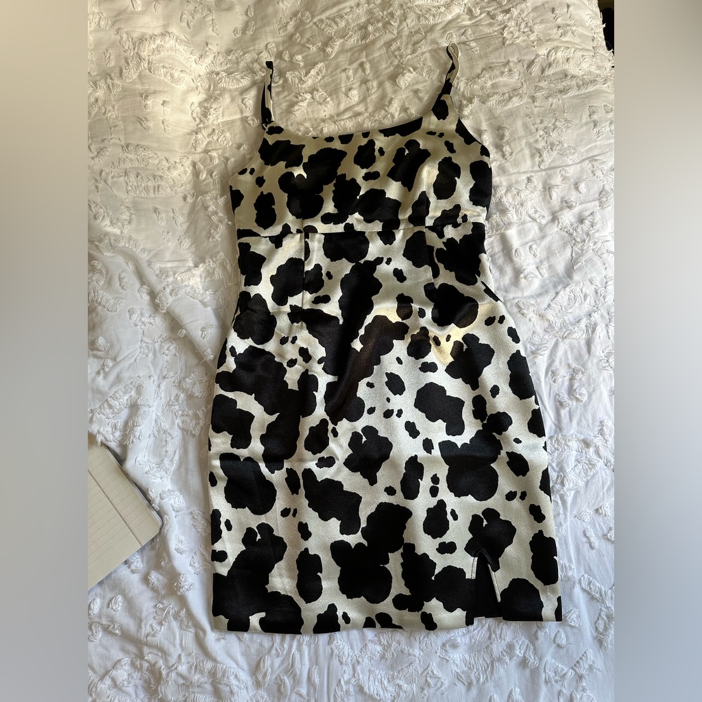 Wild Fable spaghetti strap cow print silk dress with leg slit